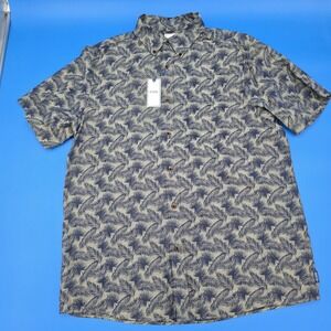 ROWM Mens Short Sleeve Button Down Shirt Blue Gray Palm Leaf Print Cotton L NWT‎
